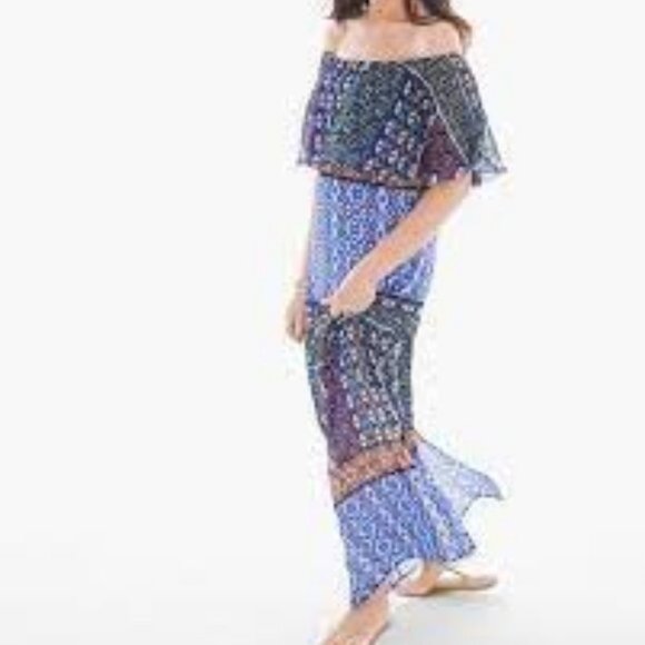 Chico's Womens Dress Maxi Long Blue Size L Print Boho Off the Shoulder Casual - Picture 7 of 7